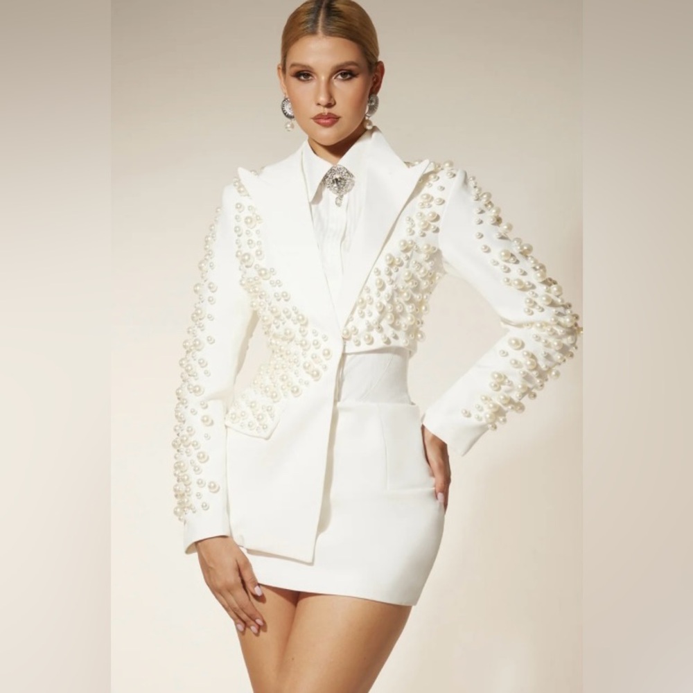 Elegant White Pearl Embellished Women's Blazer and skirt set